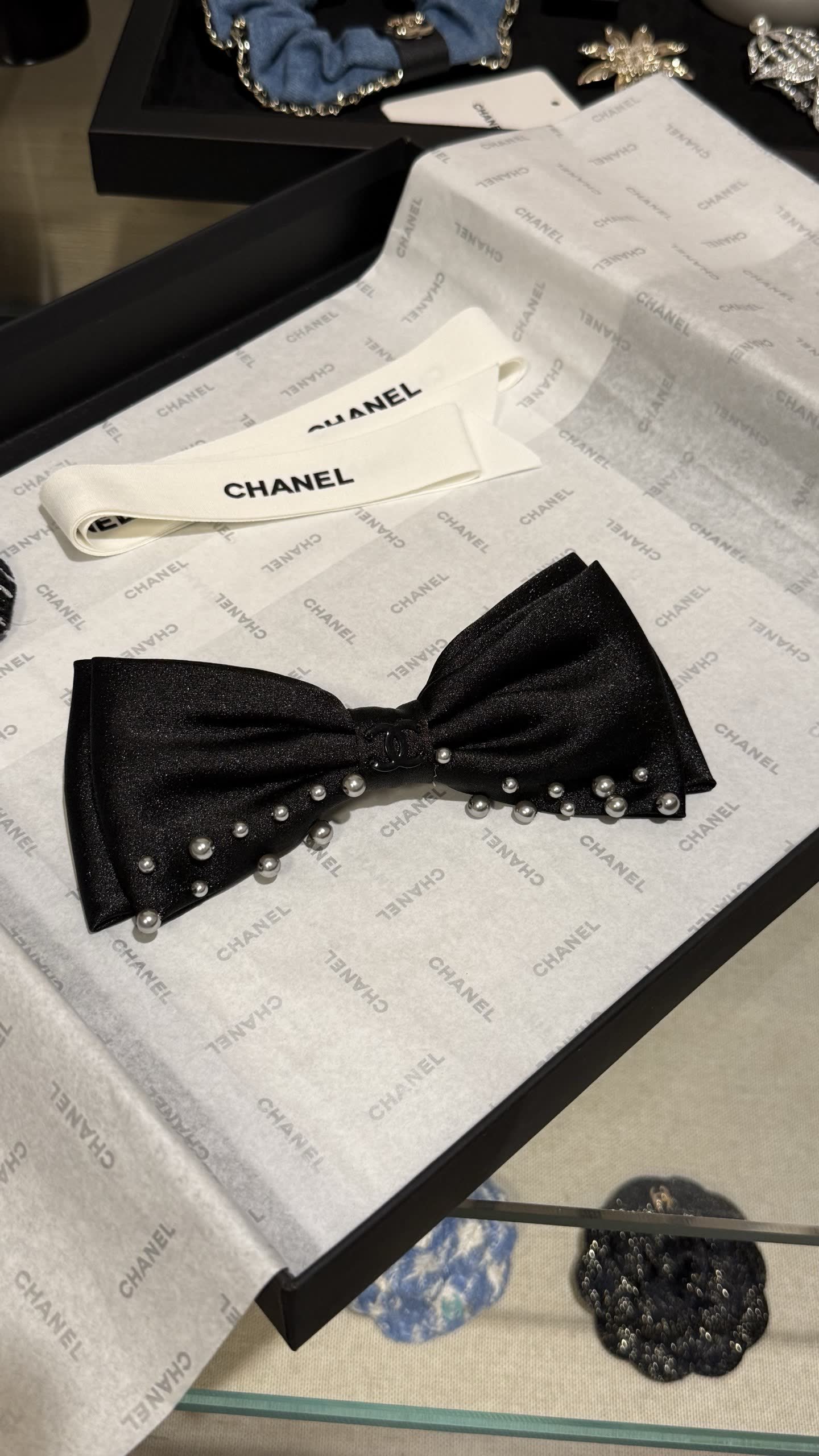 Chanel Black Satin Bow Hair Clip with Pearls